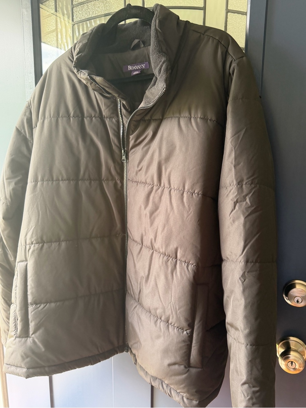 Roaman's Men's Olive Puffer Jacket - Quilted Zip Front